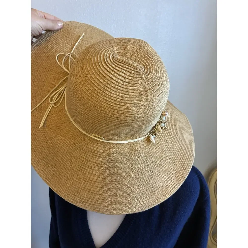Coastal Grandma Sun 'N Sand Wide Brim Floppy Straw Hat Shell & Pearl Trim UPF 50